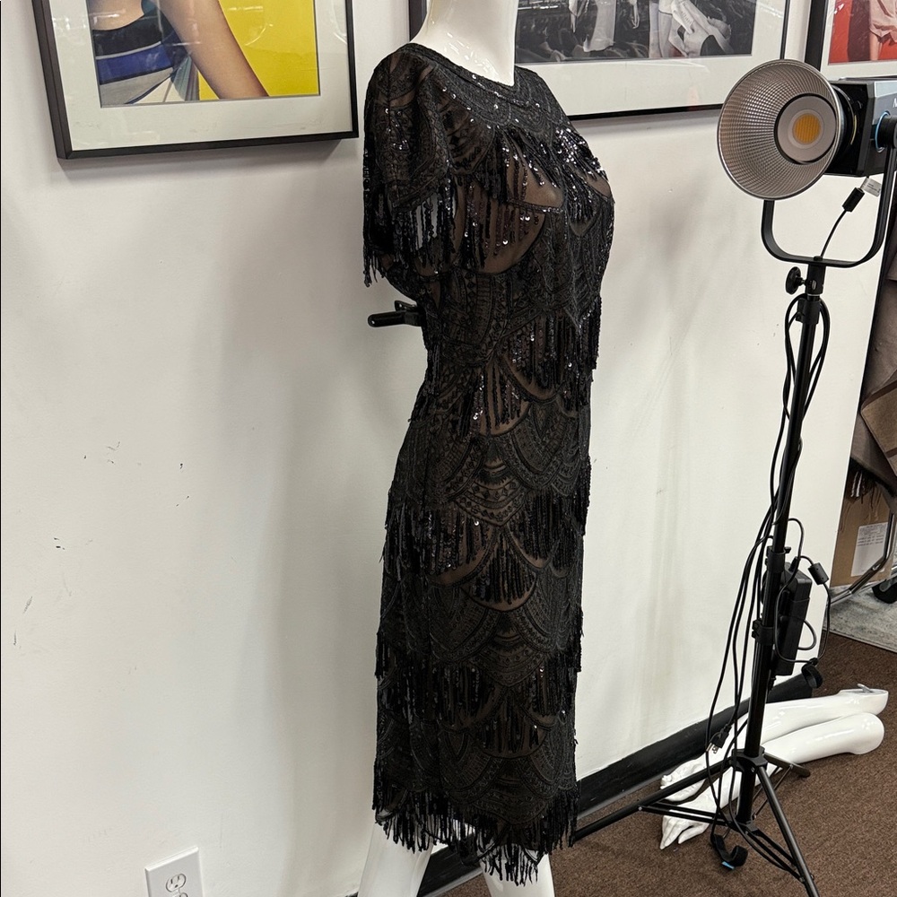 Tadashi Shoji Black Sequin Midi Dress with Fringe NWT - Picture 4 of 8